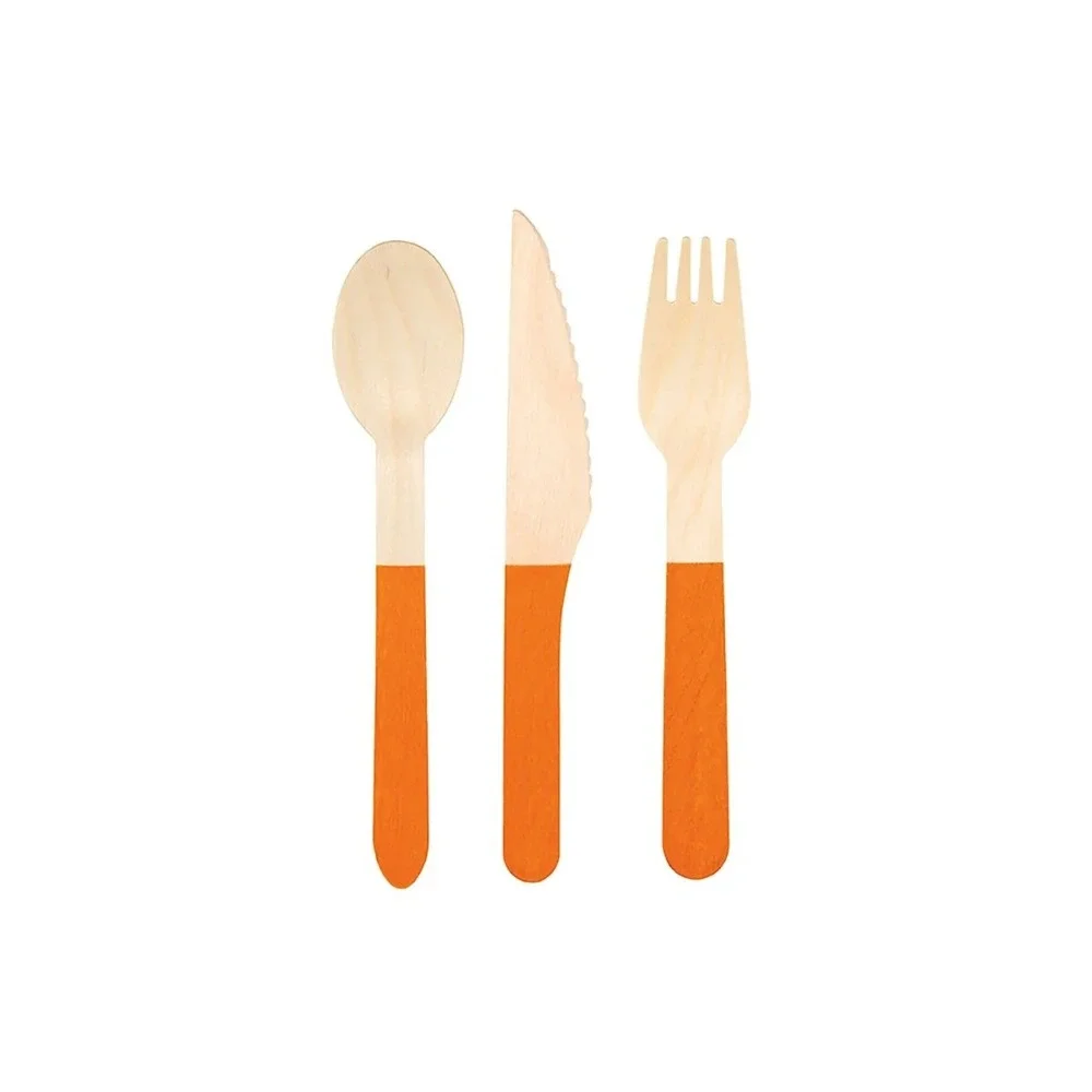 Wooden Cutlery Set Orange Handle 12 Ct Disposable Fork Knife Spoon 6.5